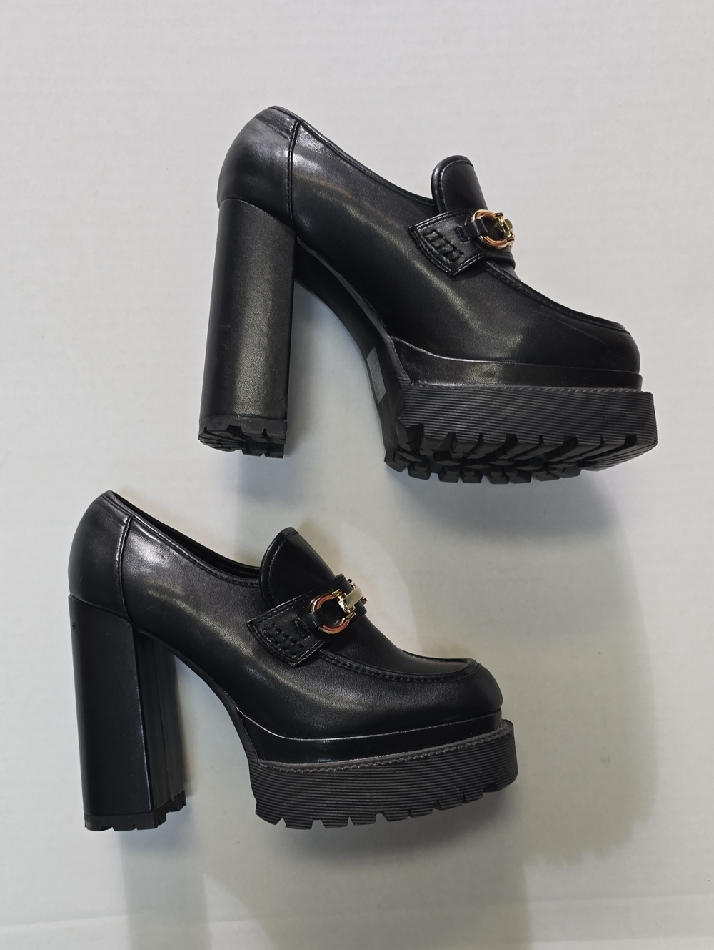 Forever 21 Black Chunky Platform Lug-Sole Heeled Loafers with Gold Accent